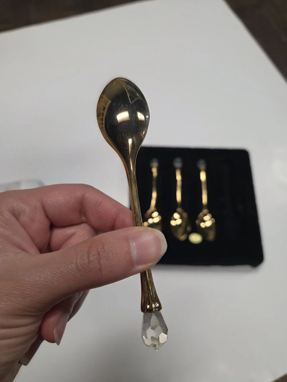 KP 24K Gold Plated Demitasse Spoons Set 4 Swarovski Strass Crystal Vintage Box